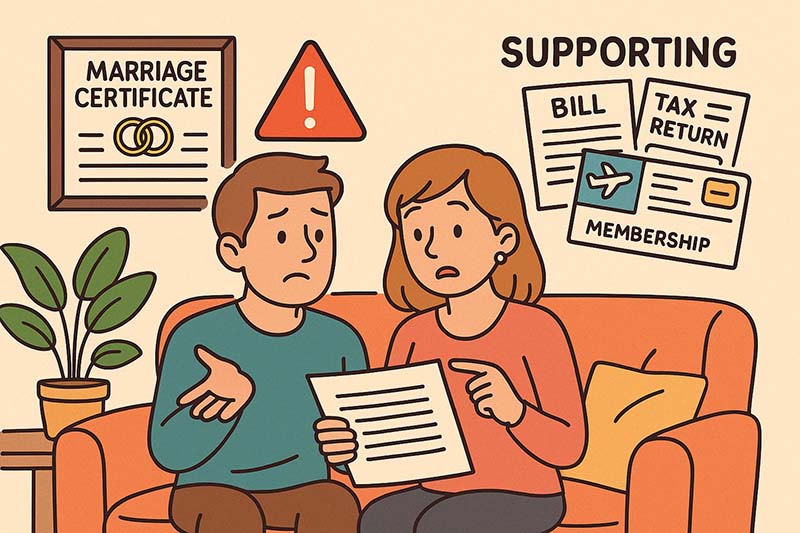 Marriage certificate with warning sign